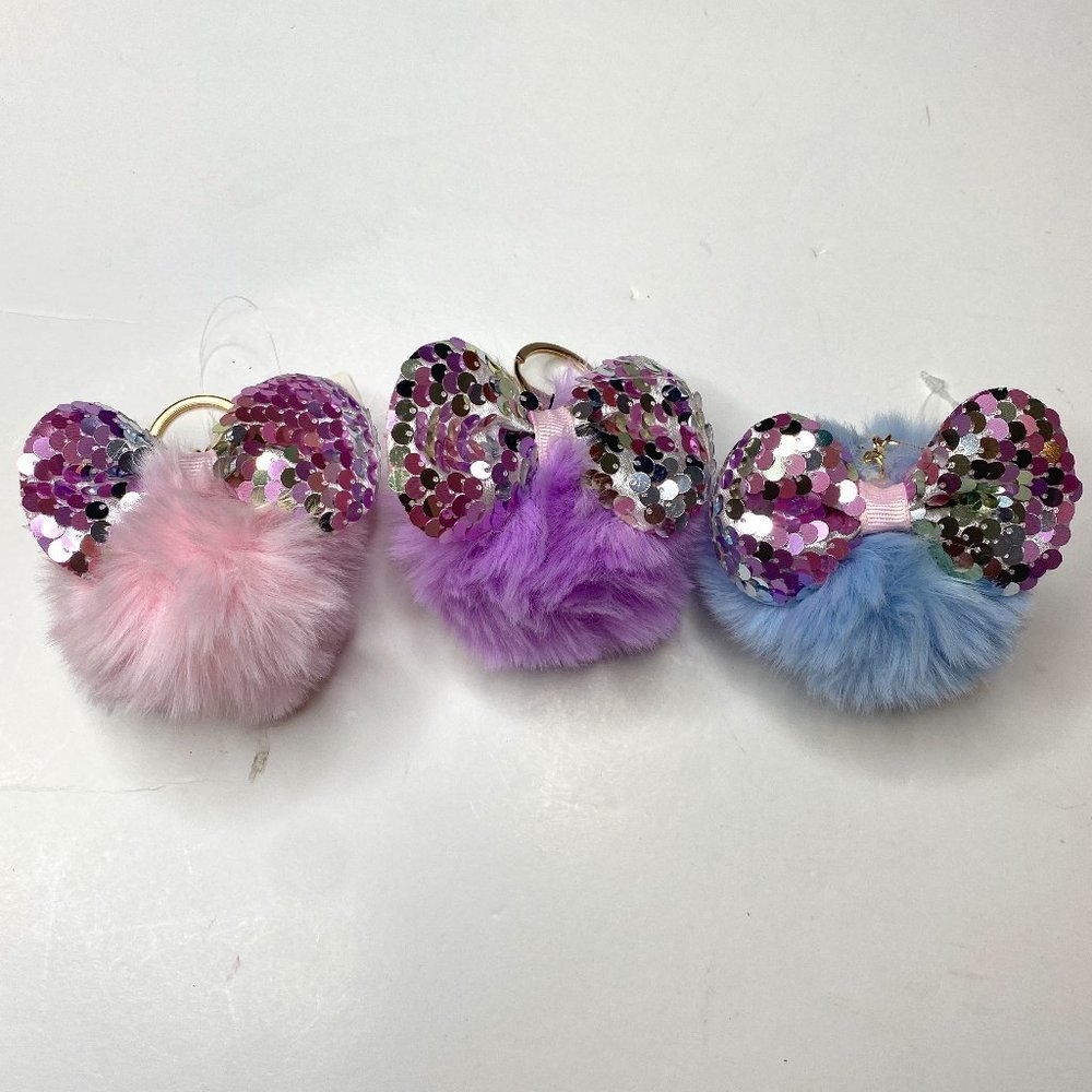 Crystal Collection, NWT, lot of 3 Minnie Mouse Poof key rings with sequin bows.